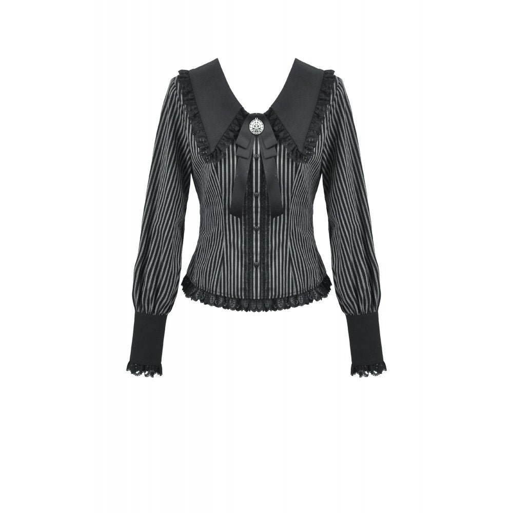 Dark in Love Gothic Peter Pan Collar Lace Shirt | Striped Cotton Top