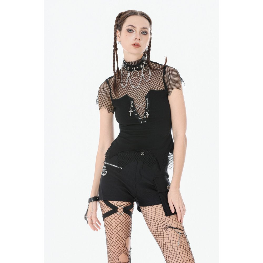 Dark in Love Dark Punk Mesh Chain Top | Gothic Fishnet High-Neck Shirt