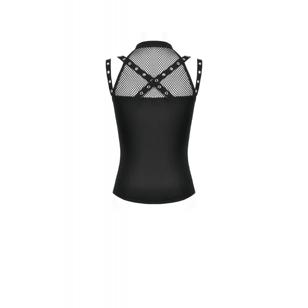 Dark in Love Ruth Gothic Mesh Sleeveless Top – Fishnet & Faux Leather