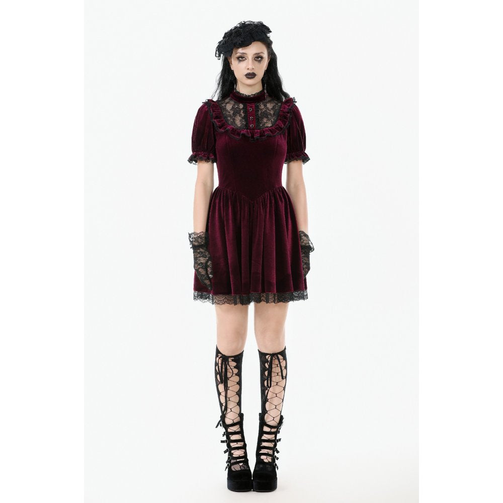 Dark in Love Ophelia Burgundy Velvet Goth Dress with Lace Collar