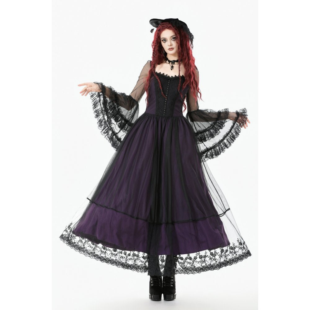 Dark in Love Lilith Gothic Maxi Dress – Black & Plum Bell Sleeve
