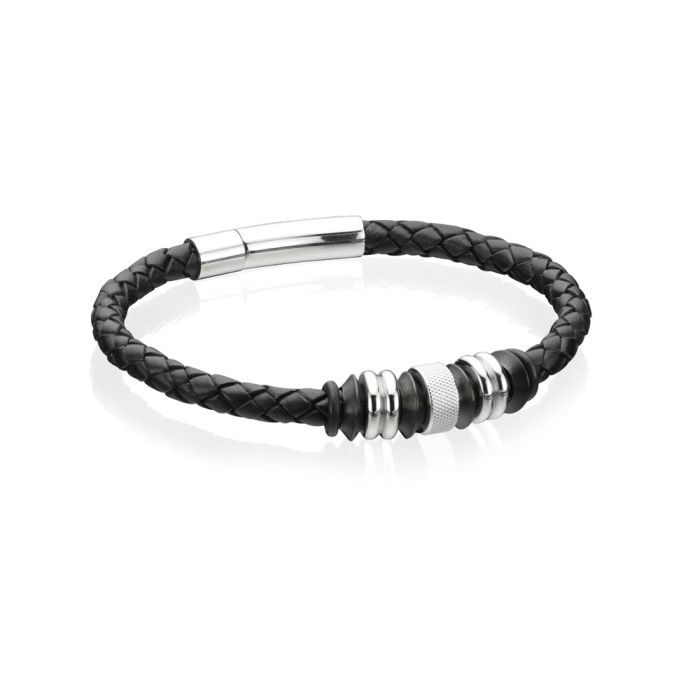 Gecko Jewellery Black Leather Bracelet with Black IP Beads – 21cm