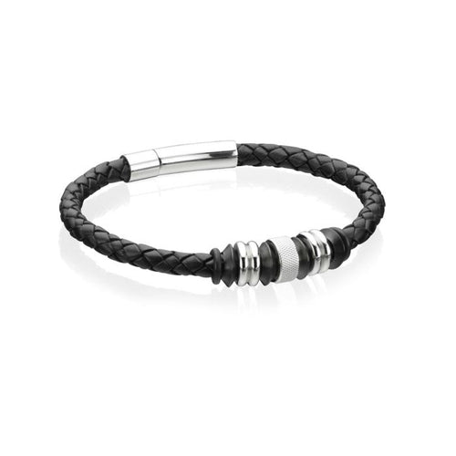 Gecko Jewellery Black Leather Bracelet with Black IP Beads – 21cm