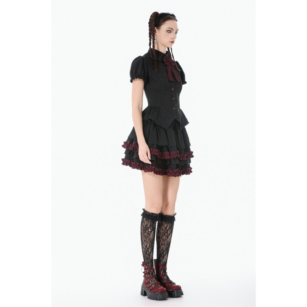 Dark in Love Black & Crimson Gothic Tiered Ruffle Mini Skirt