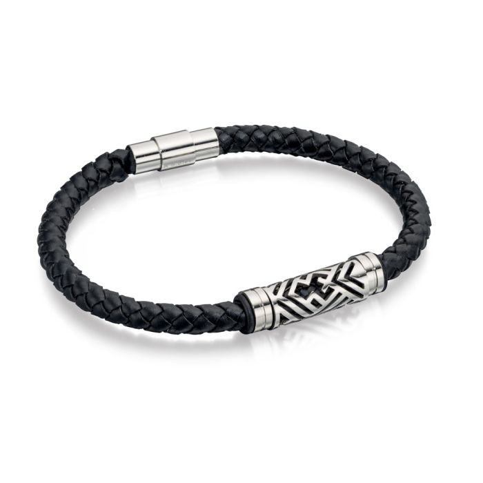 Gecko Jewellery Black Plaited Leather Bracelet with Stainless Steel