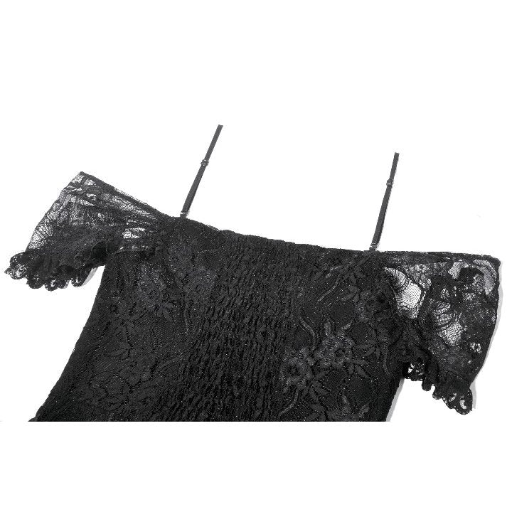 Dark in Love Gothic Lace High-Low Dress – Black Off-Shoulder Gown