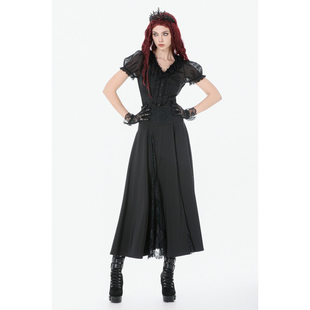 Dark in Love Gothic Long Skirt – High Waist Lace Inset Flowing Skirt