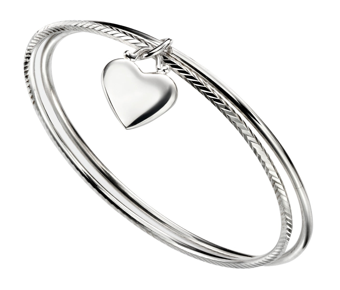 Gecko Jewellery Sterling Silver Diamond Cut Double Bangle Heart Tag