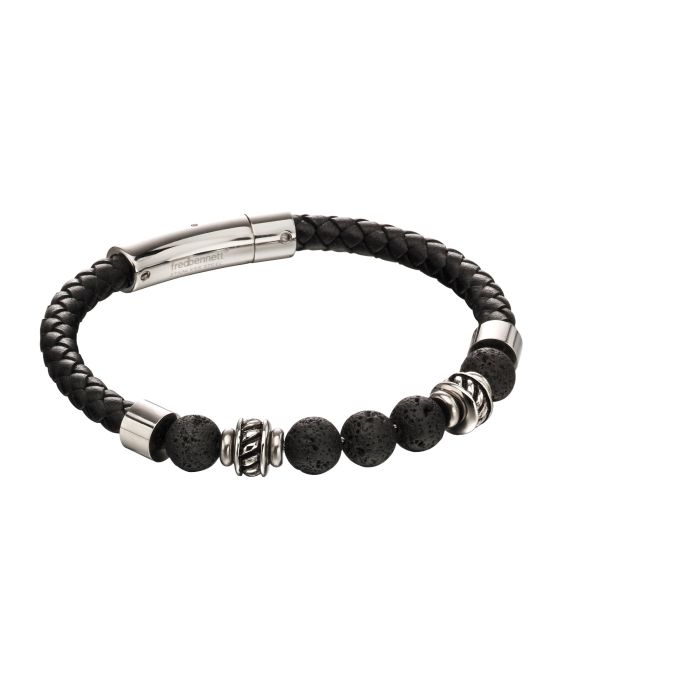 Fred Bennett Black Leather Bracelet with Lava Beads – Modern Style