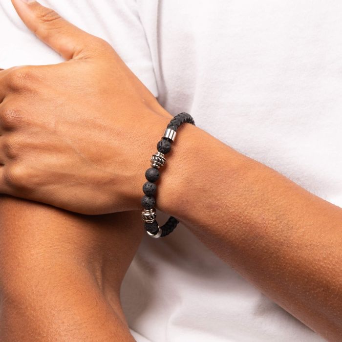 Fred Bennett Black Leather Bracelet with Lava Beads – Modern Style