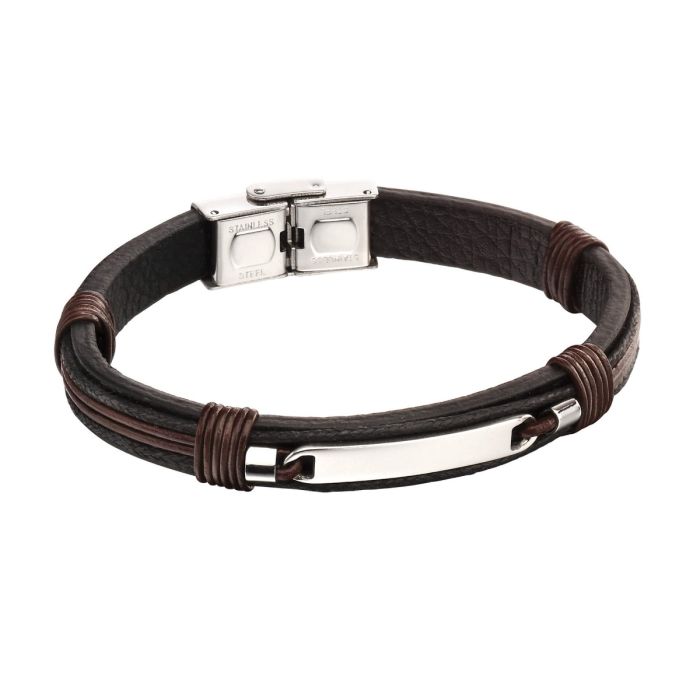 Gecko Jewellery Black Leather ID Bar Bracelet with Brown Cord Detail