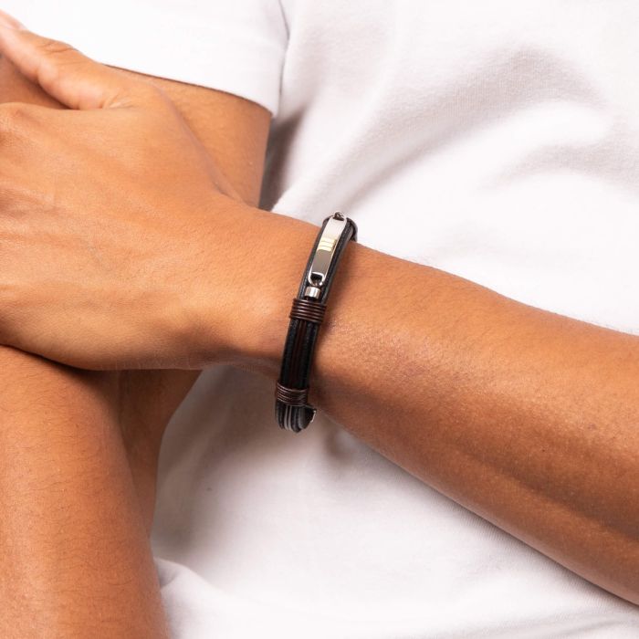 Gecko Jewellery Black Leather ID Bar Bracelet with Brown Cord Detail