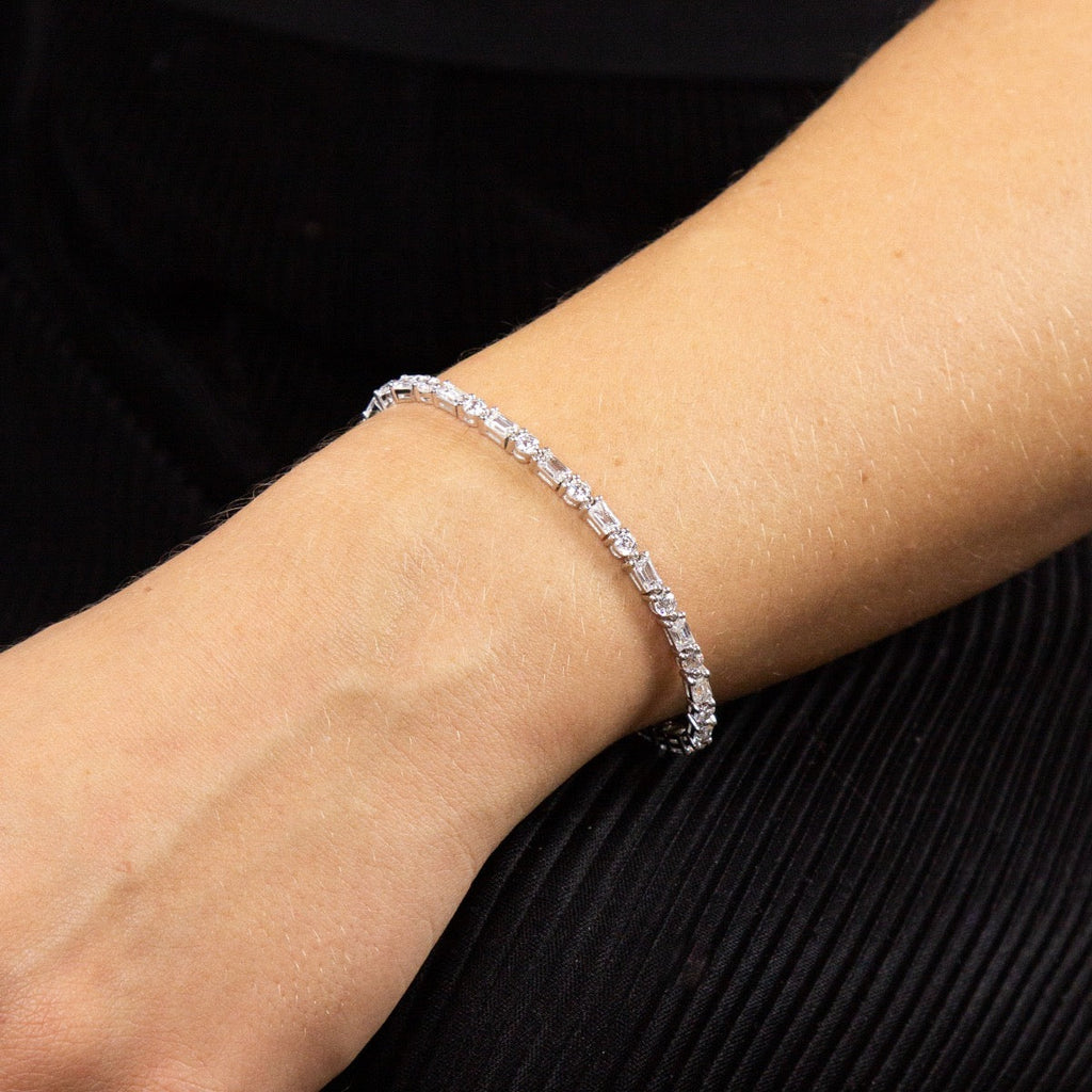Diamonfire Baguette and Round Zirconia Bracelet in Sterling Silver