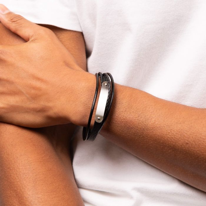 Gecko Jewellery Black Woven Leather ID Bar Bracelet with Magnetic Clasp