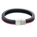 Gecko Jewellery Woven Leather Bracelet – Blue, Red & Grey with Steel Clasp