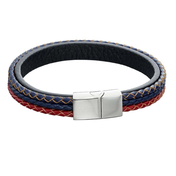 Gecko Jewellery Woven Leather Bracelet – Blue, Red & Grey with Steel Clasp