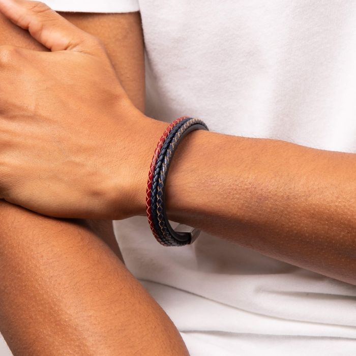 Gecko Jewellery Woven Leather Bracelet – Blue, Red & Grey with Steel Clasp