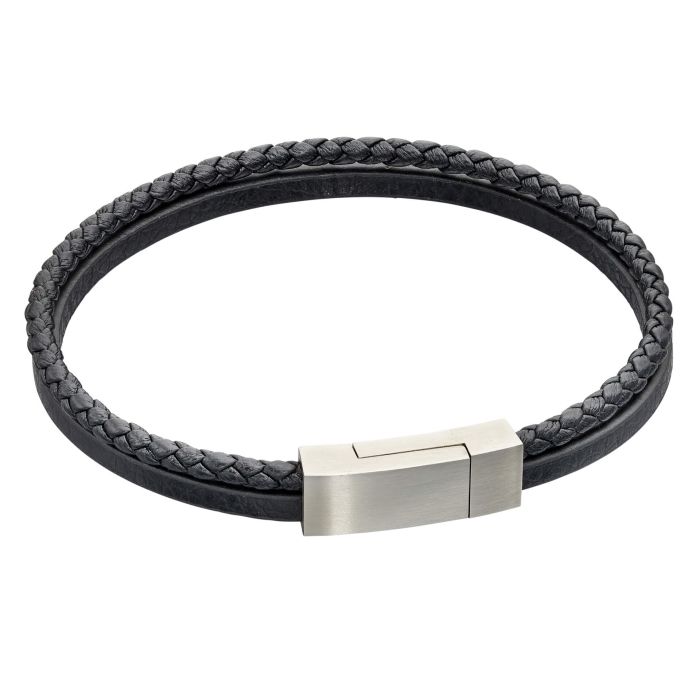 Gecko Jewellery Double Row Black Genuine Leather Bracelet | Stainless Steel