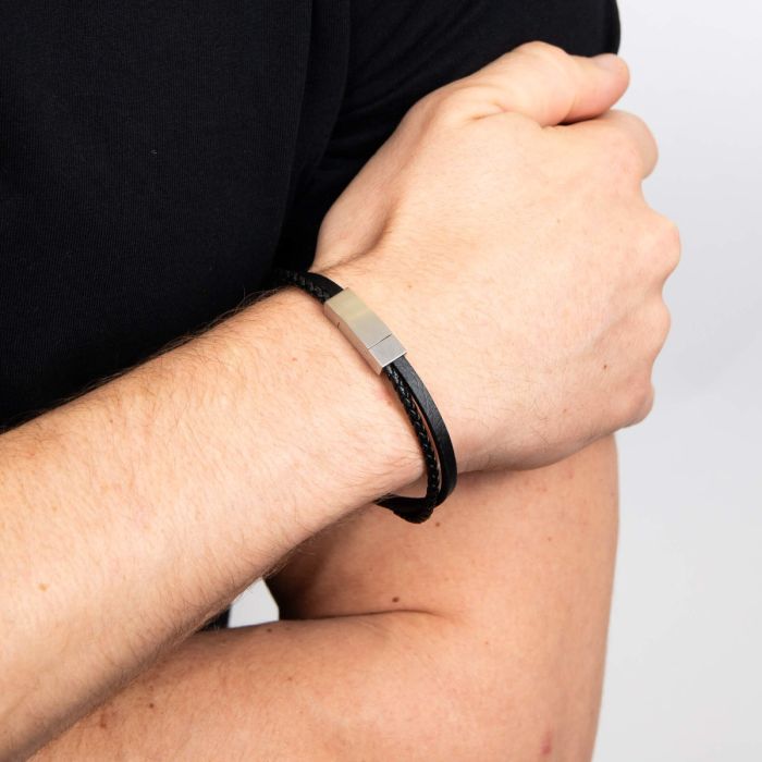 Gecko Jewellery Double Row Black Genuine Leather Bracelet | Stainless Steel
