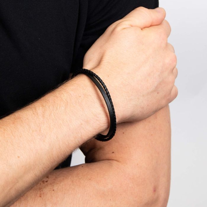 Gecko Jewellery Double Row Black Genuine Leather Bracelet | Stainless Steel