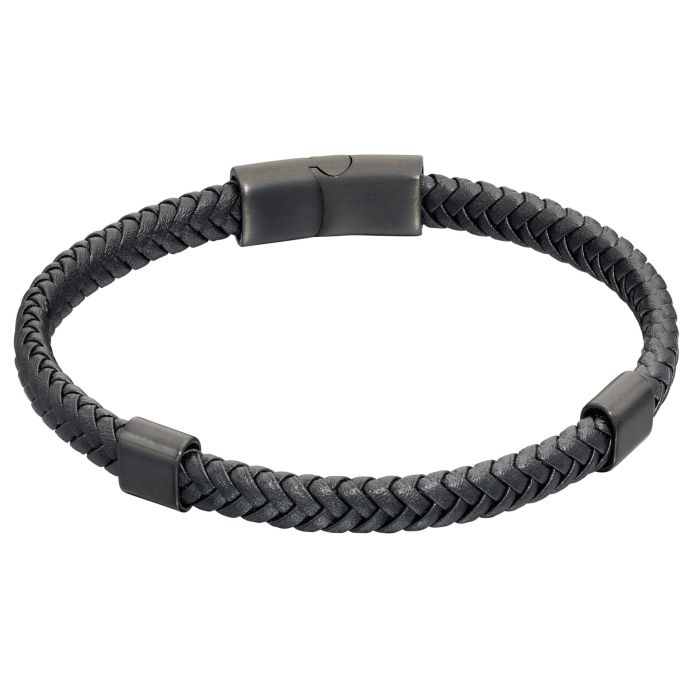 Gecko Jewellery Black Plaited Leather Bracelet with Black IP Sections