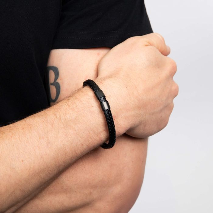 Gecko Jewellery Black Plaited Leather Bracelet with Black IP Sections