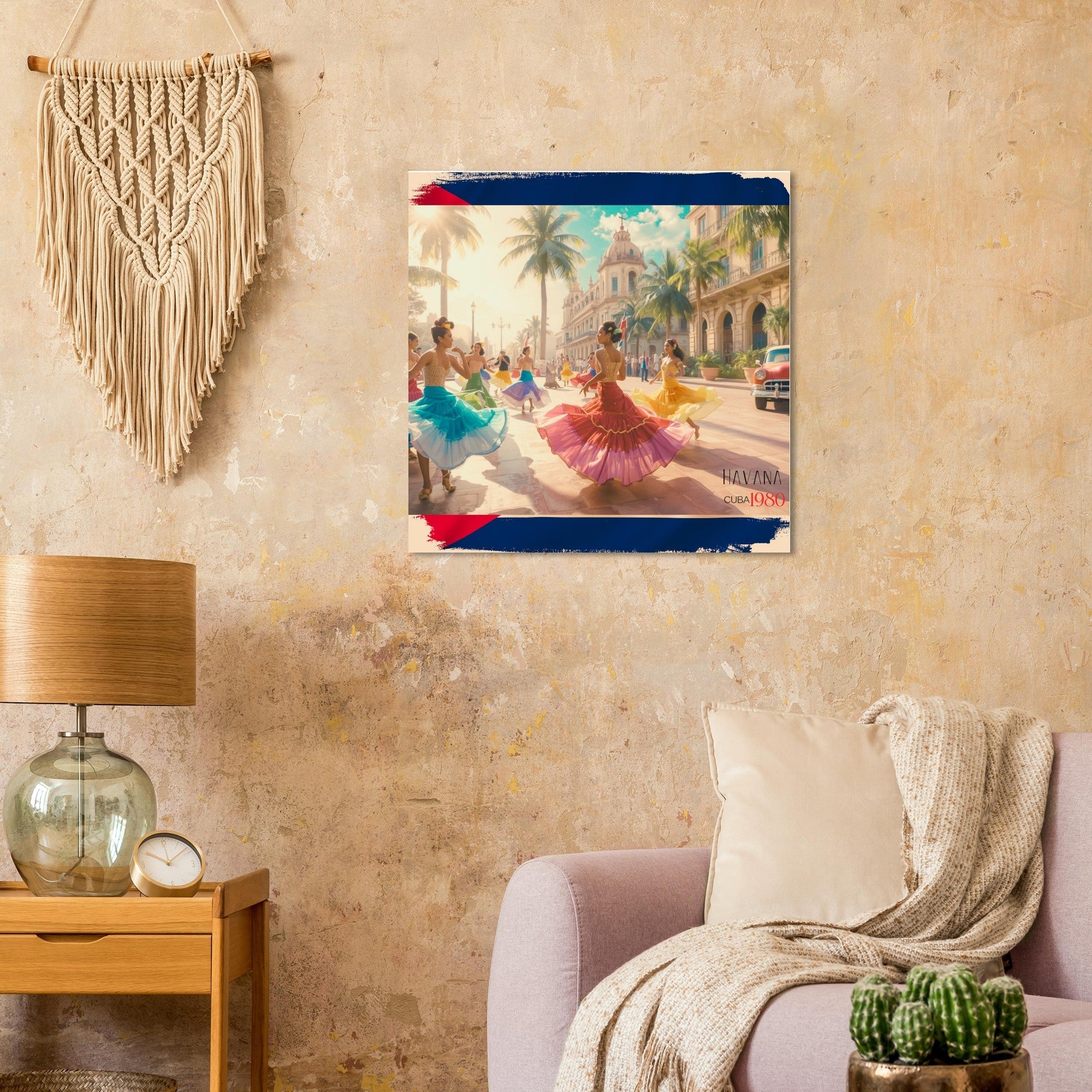 Retro Havana Travel Poster | Cuban Dancers & Vintage Car Wall Art | Colorful 1980s Decor