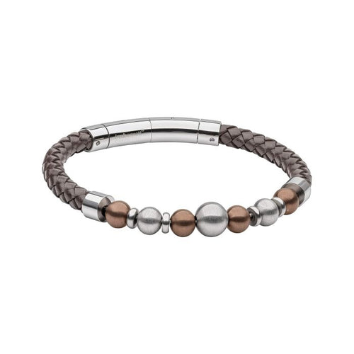 Gecko Jewellery Brown Woven Leather Bracelet with Coffee Steel Beads