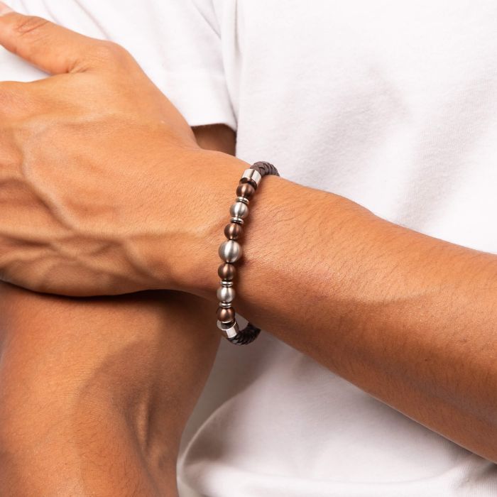 Gecko Jewellery Brown Woven Leather Bracelet with Coffee Steel Beads