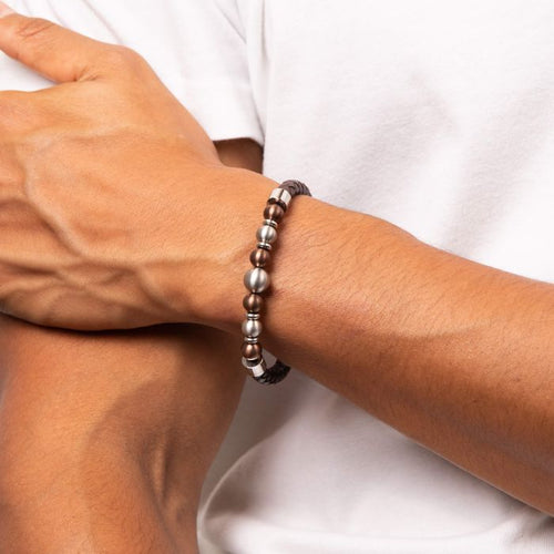 Gecko Jewellery Brown Woven Leather Bracelet with Coffee Steel Beads