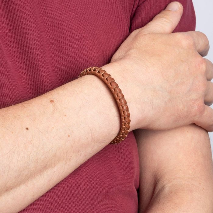 Gecko Jewellery Brown Braided Leather Bracelet with Stainless Steel T-Bar