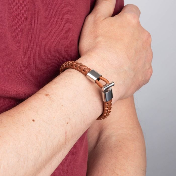 Gecko Jewellery Brown Braided Leather Bracelet with Stainless Steel T-Bar