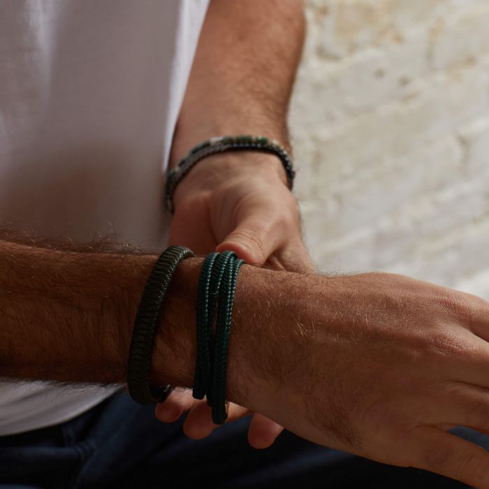 Gecko Jewellery Khaki Braided Leather Bracelet with Black Steel Clasp