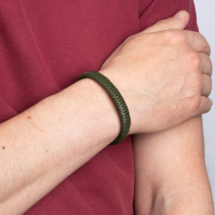 Gecko Jewellery Khaki Braided Leather Bracelet with Black Steel Clasp