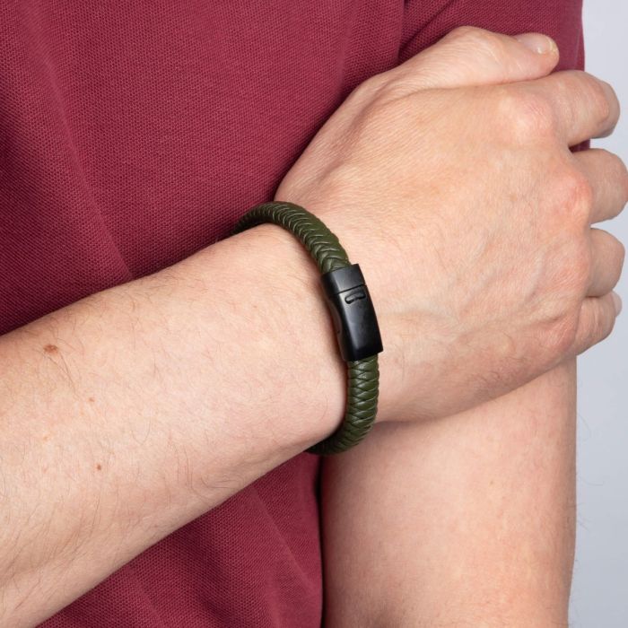 Gecko Jewellery Khaki Braided Leather Bracelet with Black Steel Clasp