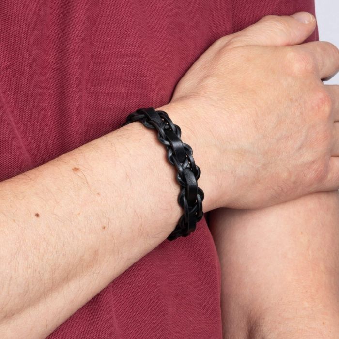 Gecko Jewellery Thick Braided Black Leather Bracelet with Steel Clasp