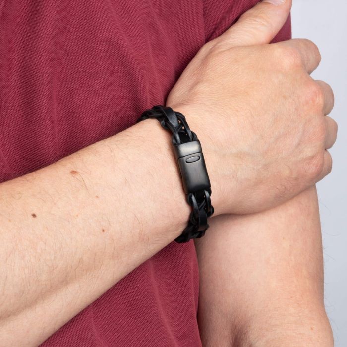Gecko Jewellery Thick Braided Black Leather Bracelet with Steel Clasp