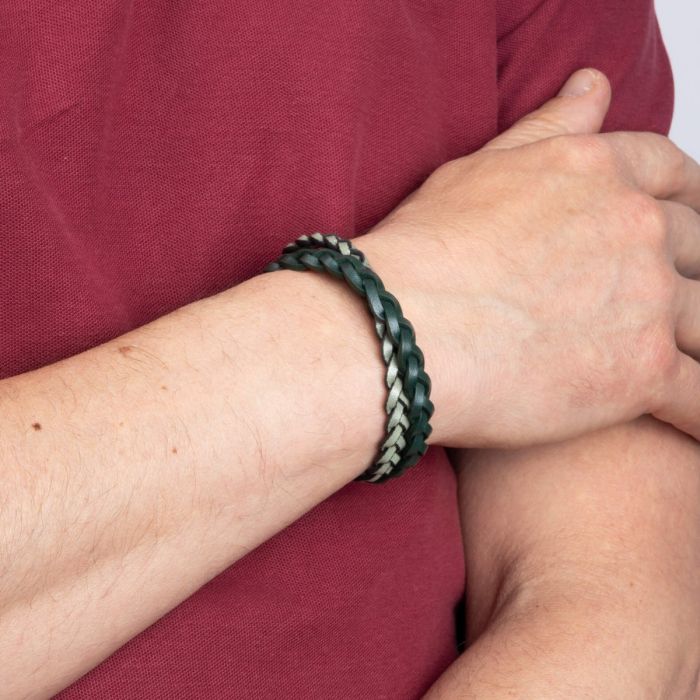 Gecko Jewellery Double Braided Two Tone Leather Bracelet - Stainless Steel