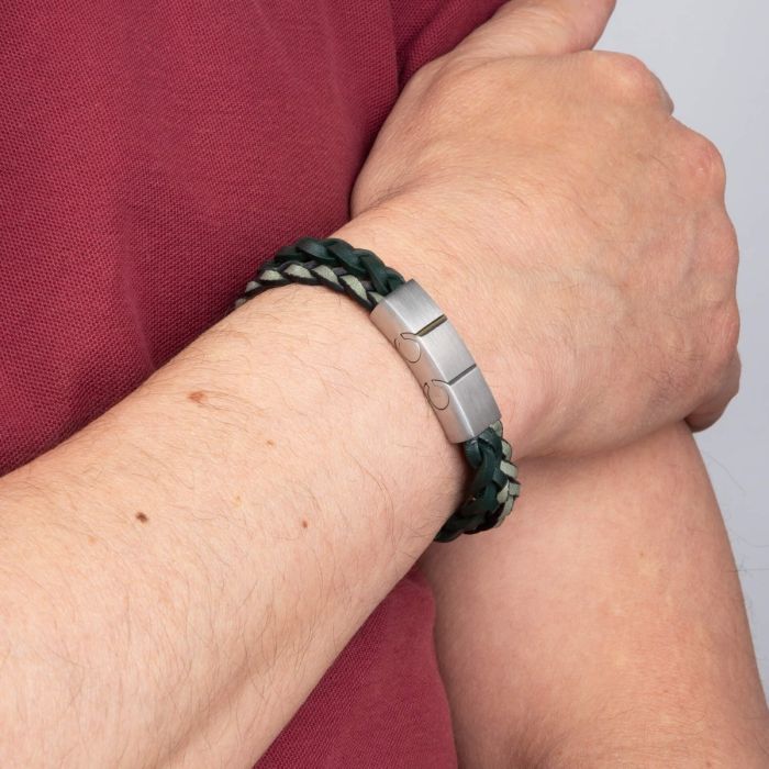 Gecko Jewellery Double Braided Two Tone Leather Bracelet - Stainless Steel