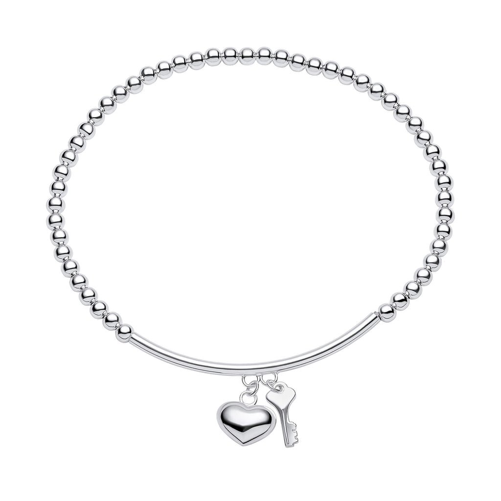 Gecko Jewellery Recycled Sterling Silver Beaded Heart & Key Bracelet