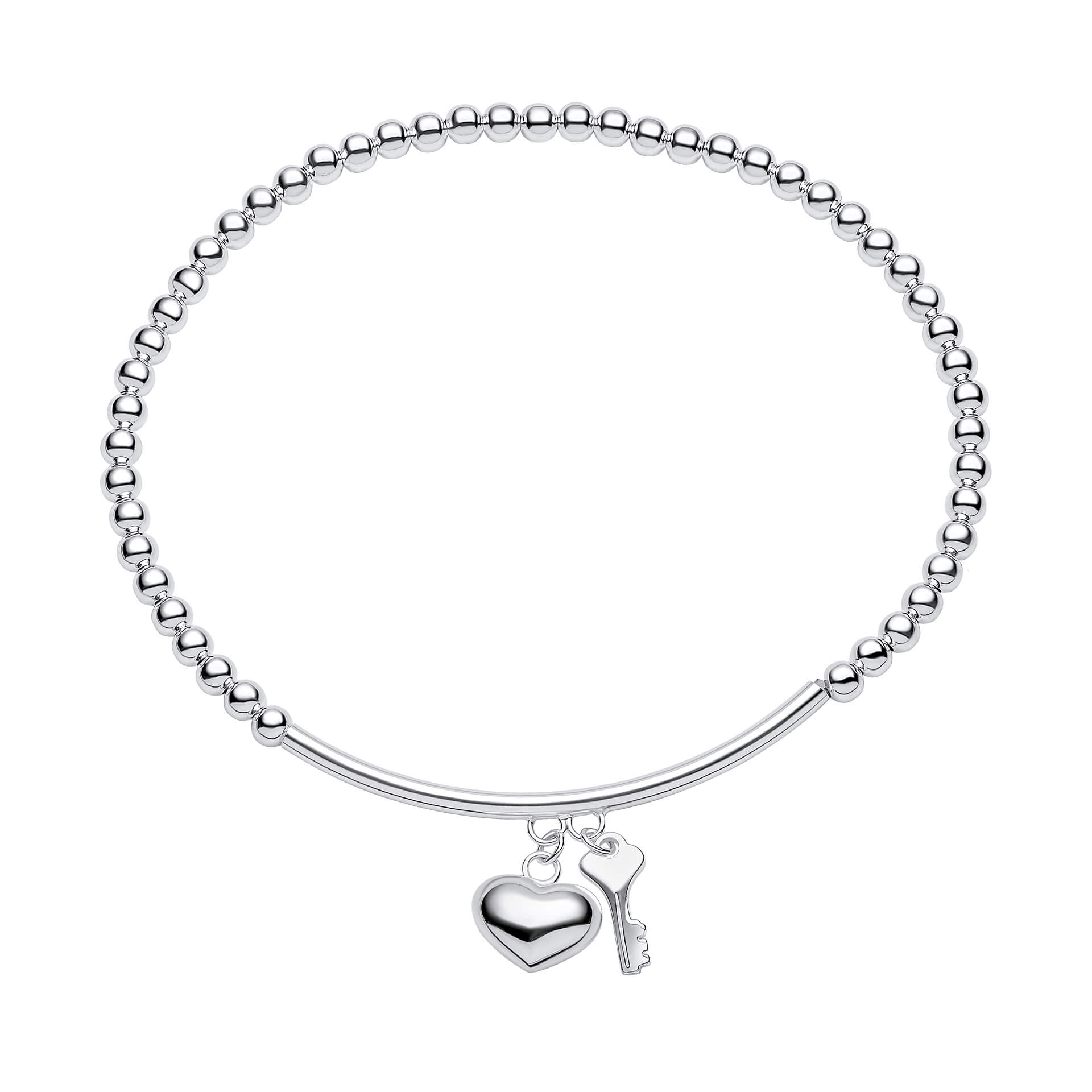 Gecko Jewellery Recycled Sterling Silver Beaded Heart & Key Bracelet