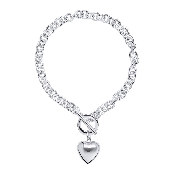 Gecko Jewellery Recycled Sterling Silver Puff Heart T-Bar Chain Bracelet