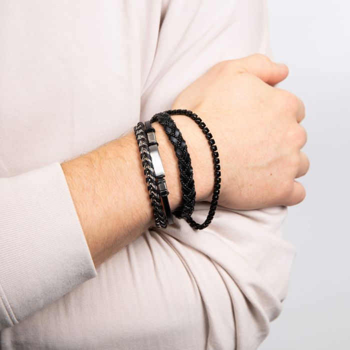 Gecko Jewellery Black Leather and Stainless Steel Engravable ID Bracelet