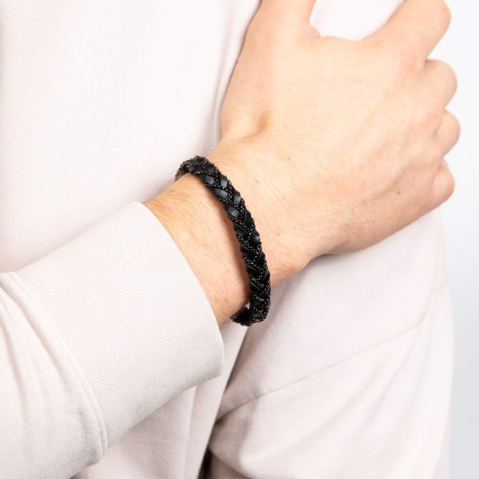 Gecko Jewellery Black Braided Leather Bracelet with Steel Clasp