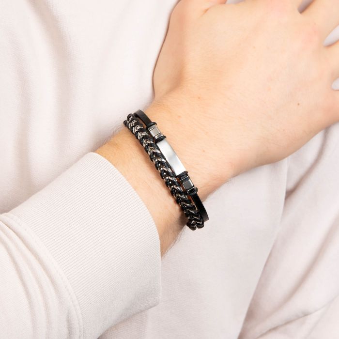 Gecko Jewellery Black Leather and Stainless Steel Engravable ID Bracelet