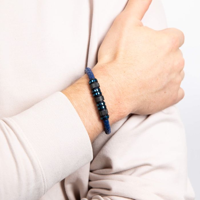Gecko Jewellery Blue Woven Leather and Stainless Steel Beads Bracelet