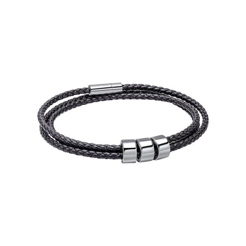 Gecko Jewellery Triple Layer Black Braided Leather Bracelet with Beads