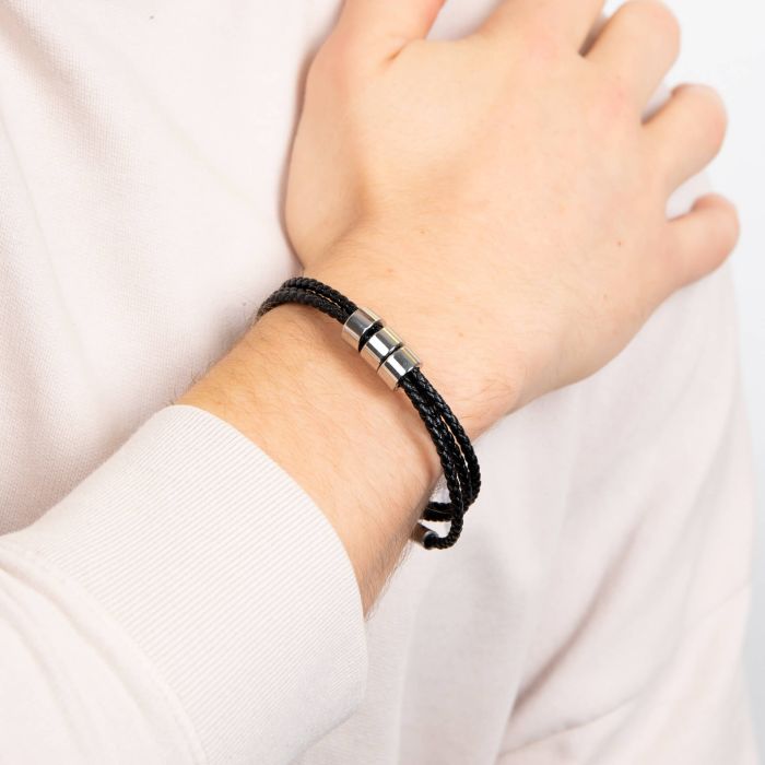 Gecko Jewellery Triple Layer Black Braided Leather Bracelet with Beads