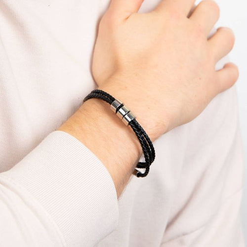 Gecko Jewellery Triple Layer Black Braided Leather Bracelet with Beads