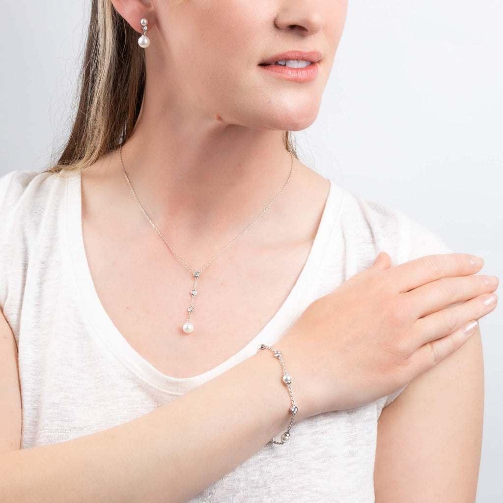 Diamonfire Shell Pearl and Zirconia Station Bracelet in Sterling Silver